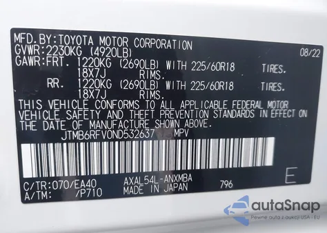 2022 Toyota Rav4 Hybrid Xle Premium z USA, uszkodzony, nr VIN JTMB6RFV0ND532637